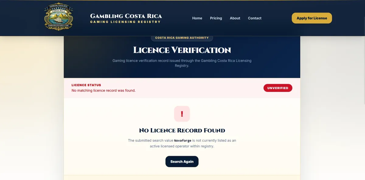 Ověření licence Novaforge v registru Gambling Costa Rica