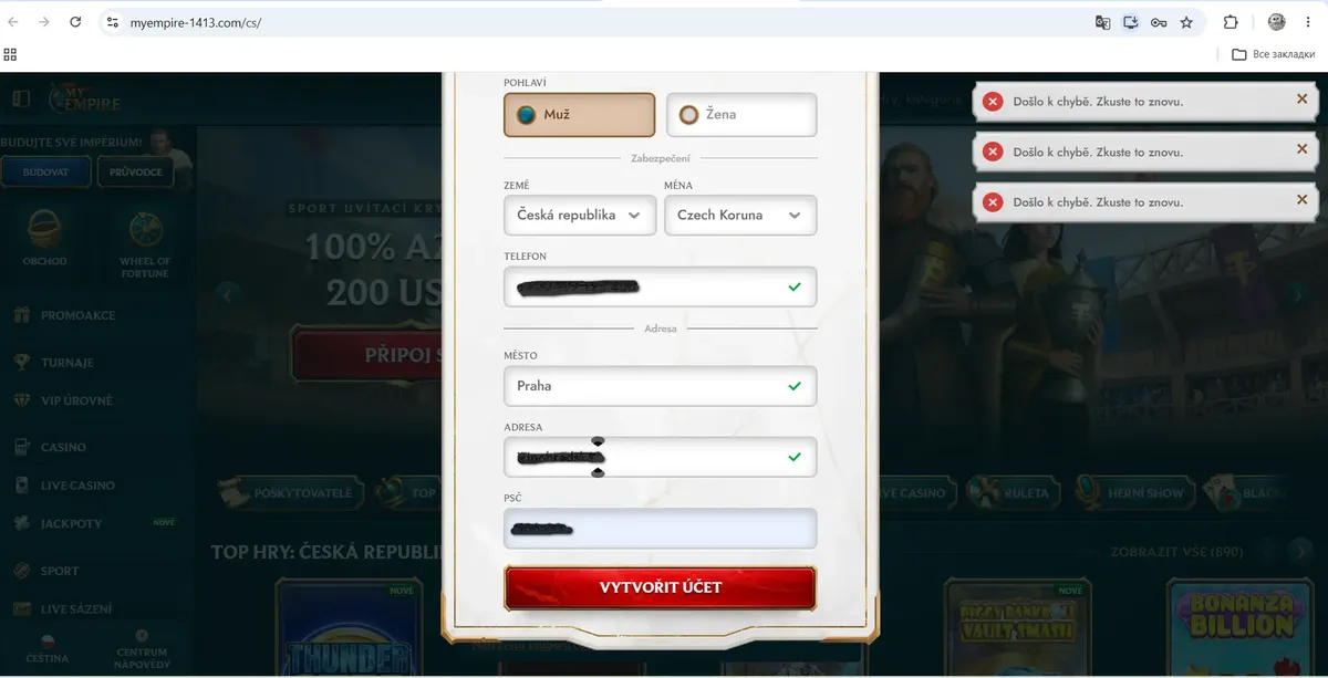 Chyba při registraci účtu na MyEmpire