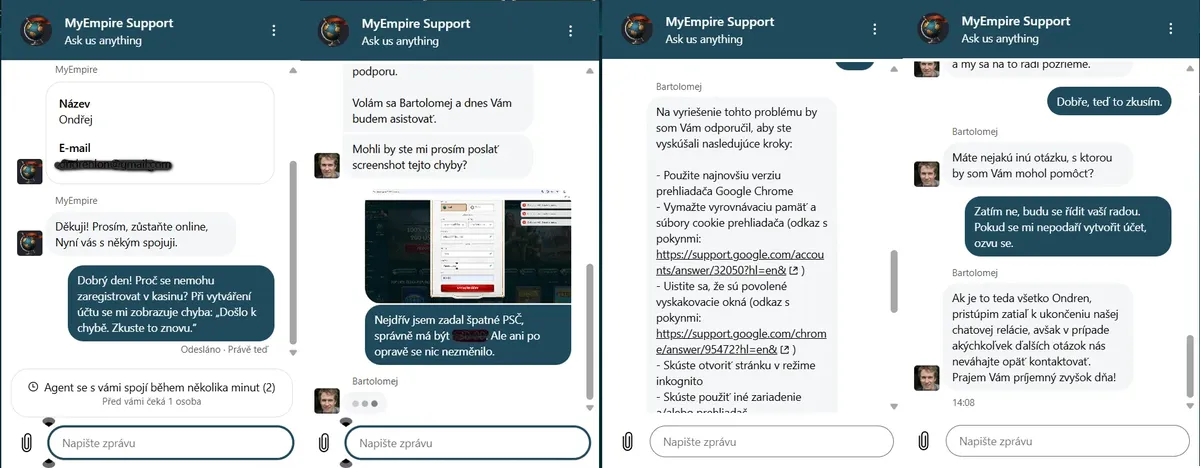 Komunikace s podporou MyEmpire při problému s registrací