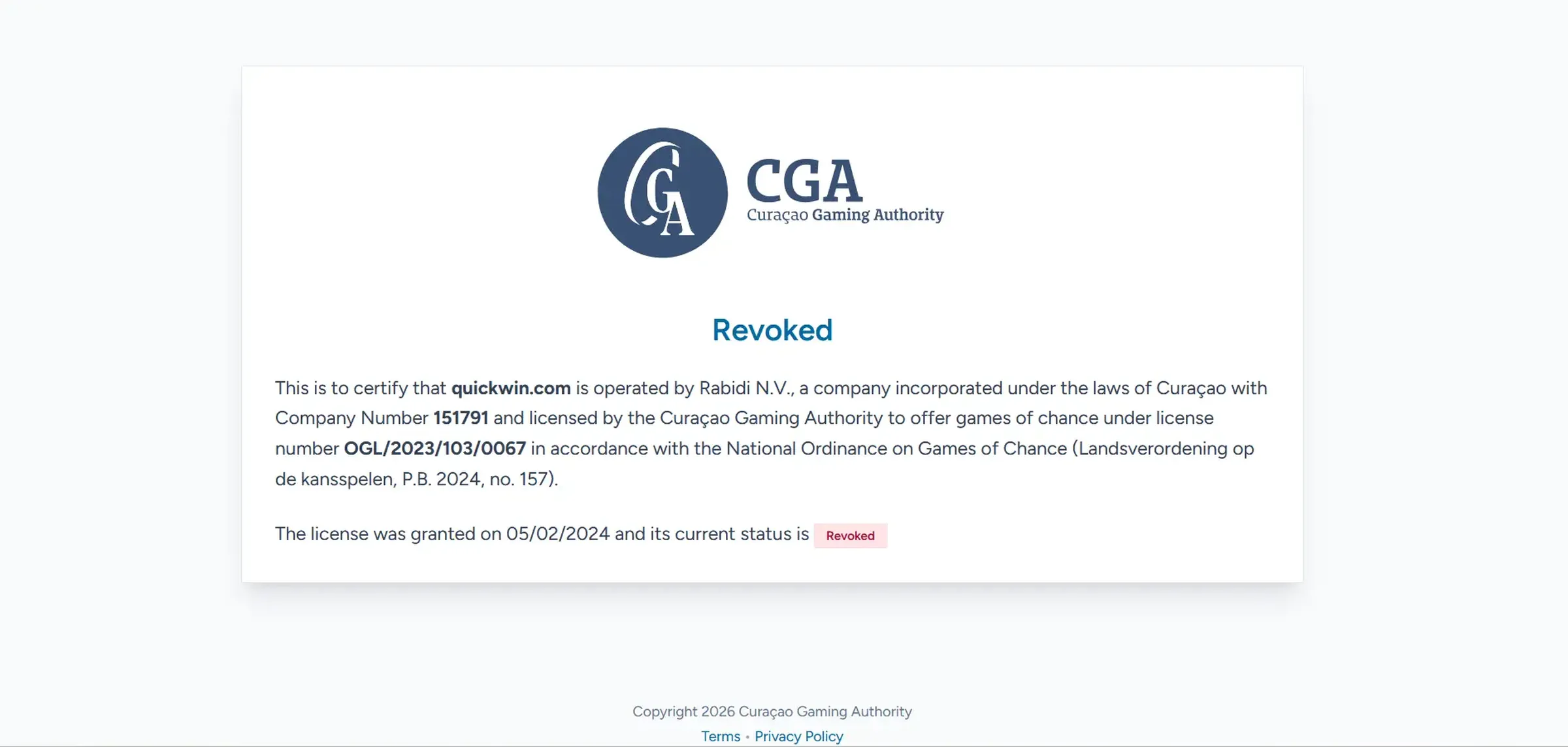 Odňatá licence Curaçao Gaming Authority pro quickwin.com