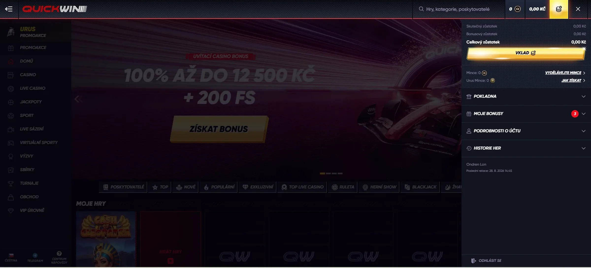 Osobní účet Quickwin Casino s pokladnou a uvítacím bonusem