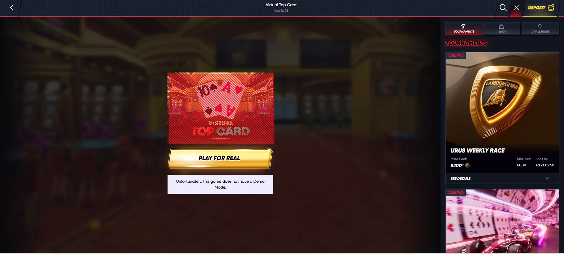 Hra Virtual Top Card v Quickwin bez dostupného demo režimu