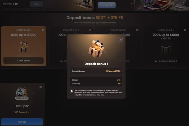 Detail deposit bonusu 1 v EpicStar – 150 % až do 1000 $, wager x45
