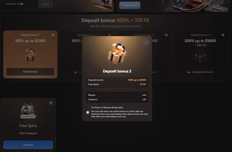 Detail deposit bonusu 2 v EpicStar – 100 % až do 1000 $ + 75 FS
