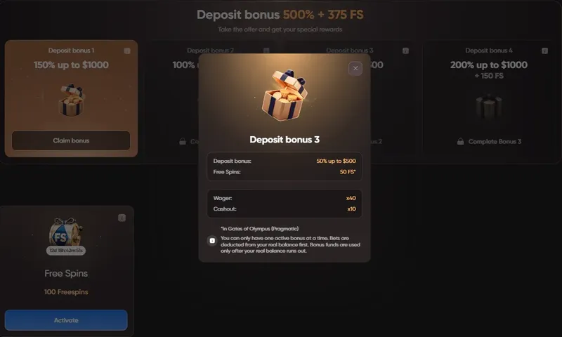 Detail deposit bonusu 3 v EpicStar – 50 % až do 500 $ + 50 FS