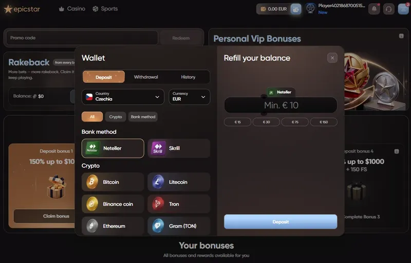 Peněženka EpicStar – vklad přes Neteller a kryptoměny (Česko, EUR)