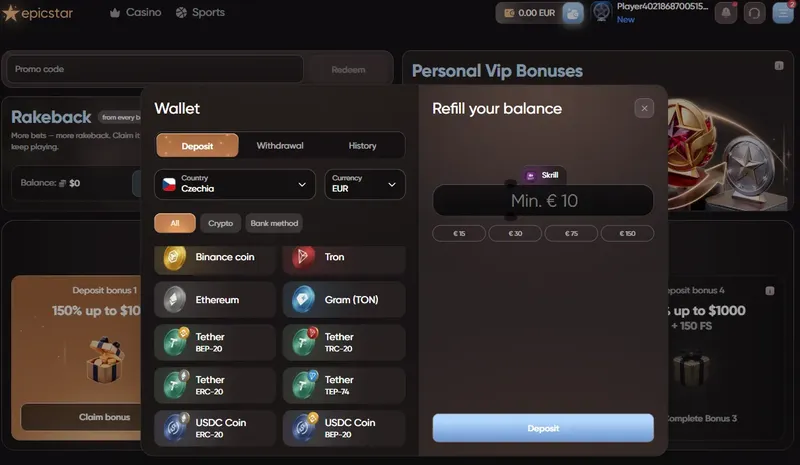 Peněženka EpicStar – vklad přes Skrill a další kryptoměny (Tether, USDC)