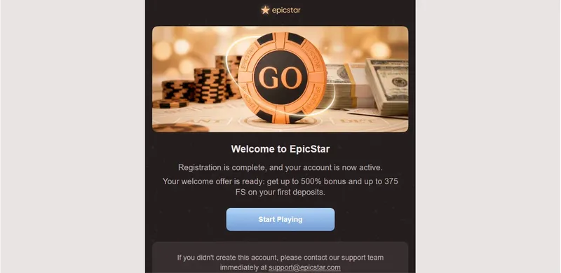 Uvítací e-mail EpicStar – potvrzení registrace a bonus až 500 % + 375 FS